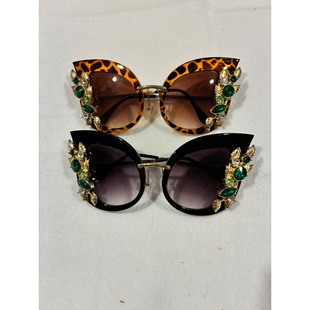 Set of 2 Cat Eye Sunglasses Rhinestone Floral Leopard Tortoise Black Oversized